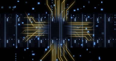 Bilgisayar sunucuları üzerinde devre kartı ve dijital veri işleme resmi. Dijital olarak oluşturulmuş küresel bağlantılar, hesaplama ve veri işleme kavramı.