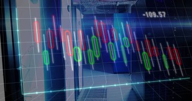 Sunucu odasındaki finansal veri işleme resmi. Küresel teknoloji, hesaplama, finans ve dijital arayüz kavramı dijital olarak oluşturuldu.