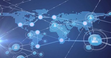 Dünya haritasındaki noktalarla bağlantı ağının resmi. Dijital olarak oluşturulmuş küresel bağlantılar, hesaplama ve veri işleme kavramı.