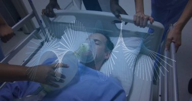 Hastanedeki hastalarla birlikte çeşitli doktorların üzerindeki DNA iplikleri. Küresel tıp, bağlantılar, hesaplama ve veri işleme kavramı dijital olarak oluşturulmuş görüntü.