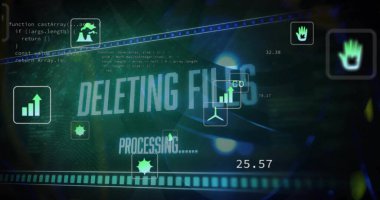 Siyah arkaplanda ekoloji simgeleri ve veri işleme resimleri. Küresel teknoloji, ekoloji ve dijital arayüz kavramı dijital olarak oluşturulmuş görüntü.