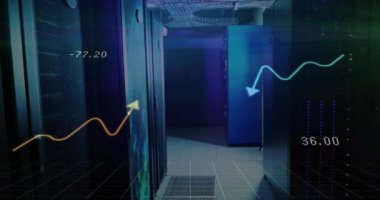 Sunucu odasında finansal veri işleme animasyonu. Küresel teknoloji, hesaplama, finans ve dijital arayüz kavramı dijital olarak oluşturulmuş video.