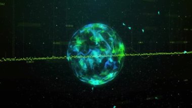 Tüm dünyada dijital veri işleme animasyonu. Dijital olarak oluşturulmuş küresel bağlantılar, hesaplama ve veri işleme kavramı.