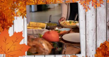 Sonbahar yapraklarının animasyonu ve Şükran Günü hindi yemeği geçmişi. Şükran Günü, sonbahar, sonbahar, şenlik, kutlama ve dijital olarak üretilen Amerikan geleneği konsepti.