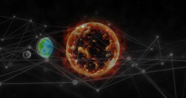 Dünya üzerindeki bağlantı ağının görüntüsü. Dijital olarak oluşturulmuş küresel bağlantılar, hesaplama ve veri işleme kavramı.