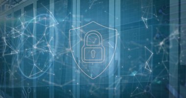 Bilgisayar sunucuları üzerinde asma kilit simgesi ve dijital veri işleme resmi. Dijital olarak oluşturulmuş küresel bağlantılar, hesaplama ve veri işleme kavramı.