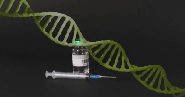 Image of dna strand and data processing over vaccination. Global science, medicine, connections, computing and data processing concept digitally generated image. clipart