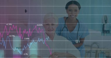 Çeşitli doktorların istatistik ve veri işleme görüntüleri. Küresel tıp, bağlantılar, hesaplama ve veri işleme kavramı, dijital olarak oluşturulmuş resim.