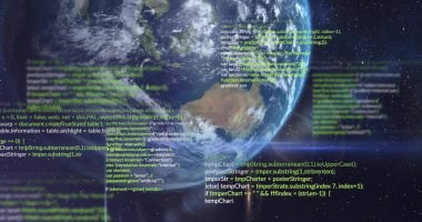 Uzayda veri işleme görüntüsü. Veri, dijital arayüz, bağlantı, ağ, iş, işleme ve küresel iletişim, dijital olarak oluşturulmuş görüntü.