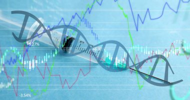 Aşı üzerinde DNA ipliği ve veri işleme resmi. Küresel bilim, tıp, bağlantılar, hesaplama ve veri işleme kavramı dijital olarak oluşturulmuş görüntü.