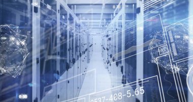 Bilgisayar sunucuları üzerinden dijital veri işleme resmi. Küresel siber güvenlik, bağlantılar, hesaplama ve veri işleme kavramı dijital olarak oluşturuldu.