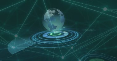 Dünya üzerindeki bağlantı ağının görüntüsü. Dijital olarak oluşturulmuş küresel bağlantılar, hesaplama ve veri işleme kavramı.