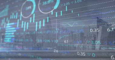 Borsa görüntüsü ve şehir manzarası şeması. Küresel iş ve dijital arayüz kavramı dijital olarak oluşturulmuş görüntü.