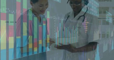 Çeşitli doktorların finansal veri işleme görüntüsü. Küresel tıp, bağlantılar, hesaplama ve veri işleme kavramı, dijital olarak oluşturulmuş resim.