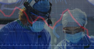 Çeşitli cerrahların istatistik ve veri işleme görüntüleri. Küresel tıp, bağlantılar, hesaplama ve veri işleme kavramı, dijital olarak oluşturulmuş resim.