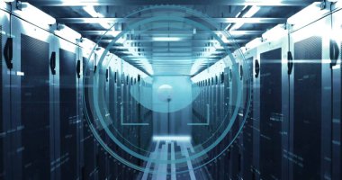 Bilgisayar sunucuları üzerinden göz simgesi ve dijital veri işleme resmi. Küresel siber güvenlik, bağlantılar, hesaplama ve veri işleme kavramı dijital olarak oluşturuldu.