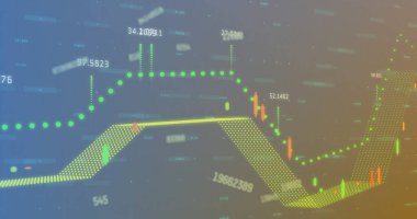 Mavi arkaplandaki diyagramlar üzerinden veri işleme resmi. Küresel iş, teknoloji ve dijital arayüz kavramı dijital olarak oluşturulmuş görüntü.