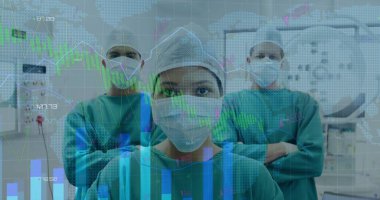 Çeşitli cerrahların istatistik ve veri işleme görüntüleri. Küresel tıp, bağlantılar, hesaplama ve veri işleme kavramı, dijital olarak oluşturulmuş resim.