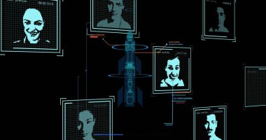 Siyah arkaplanda biyometrik fotoğraflar ve veri işleme resimleri. Küresel bilim, bağlantılar, hesaplama ve veri işleme kavramı, dijital olarak oluşturulmuş resim.