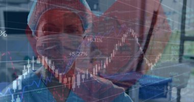 Beyaz kadın cerrahın istatistik ve veri işleme görüntüsü. Küresel tıp, bağlantılar, hesaplama ve veri işleme kavramı, dijital olarak oluşturulmuş resim.