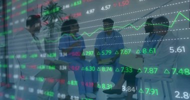 Çeşitli doktorların finansal veri işleme görüntüsü. Küresel tıp, bağlantılar, hesaplama ve veri işleme kavramı, dijital olarak oluşturulmuş resim.