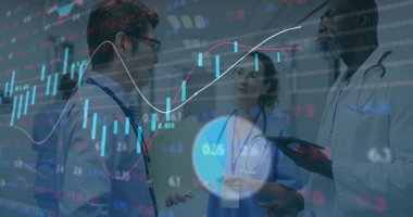 Çeşitli doktorların finansal veri işleme görüntüsü. Küresel tıp, bağlantılar, hesaplama ve veri işleme kavramı, dijital olarak oluşturulmuş resim.