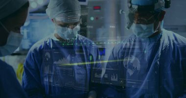 Çeşitli cerrahların istatistik ve veri işleme görüntüleri. Küresel tıp, bağlantılar, hesaplama ve veri işleme kavramı, dijital olarak oluşturulmuş resim.