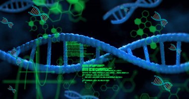 Siyah arka planda DNA iplikleri ve veri işleme resimleri. Küresel bilim, bilgisayar ve dijital arayüz kavramı dijital olarak oluşturulmuş görüntü.