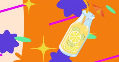 Renkli şekiller ve samanlı limonata şişesi üzerine limonata günü metin animasyonu. Kutlama, yaz, ferahlatıcı, içecek, canlı, canlandırıcı