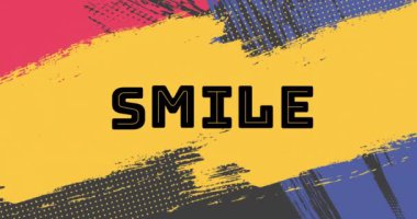 Renkli soyut boya sıçramaları ve fırça darbeleri üzerine gülümse. Tipografi, yaratıcı, canlı