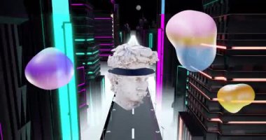 Soyut şekiller ve klasik heykel baş animasyonu gelecekçi şehir manzarası üzerinde. modern, dijital