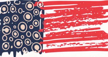 Kırmızı ve beyaz çizgiler üzerinde daireler ve yıldızlar olan soyut Amerikan bayrağı animasyonu, kopyalama alanı, döngüleme, kusursuz arkaplan animasyonu. Vatanseverlik, ABD