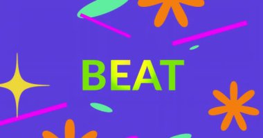 Mor arkaplandaki renkli şekiller ve BEAT metin animasyonu. Soyut, geometrik, canlı, modern, dinamik, minimal