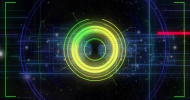 Siyah arkaplanda ışık yollarının üzerindeki şekilleri tarayan bir teleskop görüntüsü. Küresel teknoloji, bilgisayar ve dijital arayüz kavramı dijital olarak oluşturulmuş görüntü.