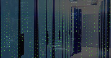 Sunucu odasında ikili kodlama ile veri işleme resmi. Küresel teknoloji ve dijital arayüz konsepti dijital olarak oluşturuldu.