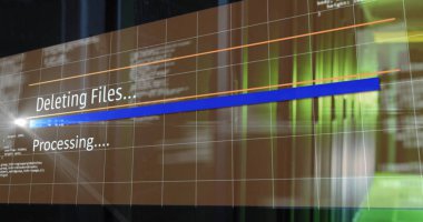 Dosya silme resmi, sunucu odasının üzerindeki arayüzde metin işleme konuyor. Ağ, veri, işleme, dijital arayüz ve iletişim, dijital olarak oluşturulmuş resim.