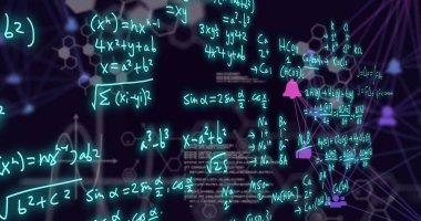 Karanlık arka planda bilimsel veri işleme görüntüsü. Küresel bilim, araştırma, bağlantılar, hesaplama ve veri işleme kavramı dijital olarak oluşturuldu.