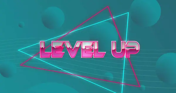 stock image Image of level up text in pink metallic letters over blue spheres on blue background. Retro, digital interface, connection, gaming, data and communication, digitally generated image.