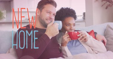 Image of new home text over diverse couple drinking coffee on sofa. Lifestyle, communication and domestic life concept, digitally generated image. clipart