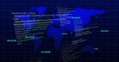 Veri işleme resmi ve dünya haritası siyah arkaplan üzerinde. Teknoloji, iş ve dijital arayüz kavramı dijital olarak oluşturulmuş görüntü.