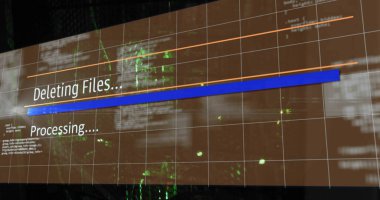 Dosya silme resmi, sunucu odasının üzerindeki arayüzde metin işleme konuyor. Ağ, veri, işleme, dijital arayüz ve iletişim, dijital olarak oluşturulmuş resim.