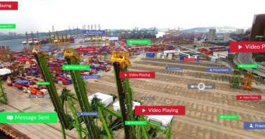 Container port with cranes, social media notifications image over shipping yard. Logistics, transportation, industrial, global trade, import, export clipart