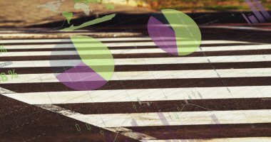 Mali veri tabloları ve hareket halindeki aracın üzerindeki grafikler. Finans, veri görselleştirme, ulaşım, hareket, ekonomi, analitik