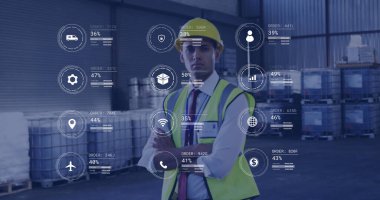 Image of icons and digital data processing over caucasian man working in warehouse. Global shipping, connections, computing and data processing concept, digitally generated image. clipart