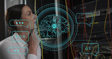 Ai tarayıcı beyin ağı görüntüsü ve Kafkas kadın sunucu teknisyeni üzerinden sohbet simgeleri. Veri, dijital arayüz, bağlantı, iletişim ve yapay zeka, dijital olarak oluşturulmuş görüntü.