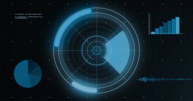 Veri işleme ve karanlık arkaplan üzerindeki kapsam görüntüsü. Dijital olarak oluşturulmuş küresel bağlantılar, hesaplama ve veri işleme kavramı.