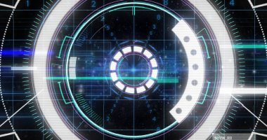 Veri işleme ve karanlık arkaplan üzerindeki kapsam görüntüsü. Dijital olarak oluşturulmuş küresel bağlantılar, hesaplama ve veri işleme kavramı.