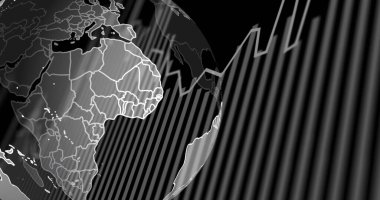 Diyagramlar üzerinde dönen bir dünya resmi. Küresel teknoloji ve dijital arayüz kavramı, dijital olarak oluşturulmuş görüntü.