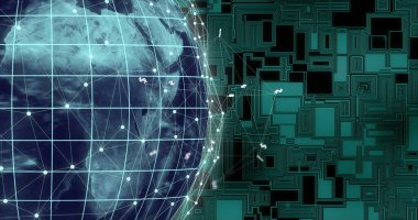 Ağ bağlantıları olan dijital bir küre devre kartı görüntüsüne dönüşüyor. Teknoloji, yenilik, bağlantı, veri, siber, fütürist