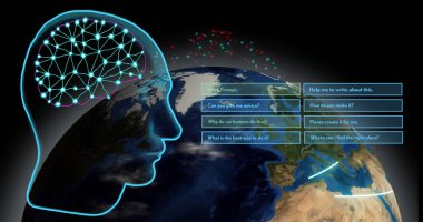 Dünya üzerindeki sinirsel ağ görüntüsü içerik oluşturmakla ilgili metinler içeriyor. Teknoloji, yapay zeka, makine öğrenimi, küresel, yenilik, veri